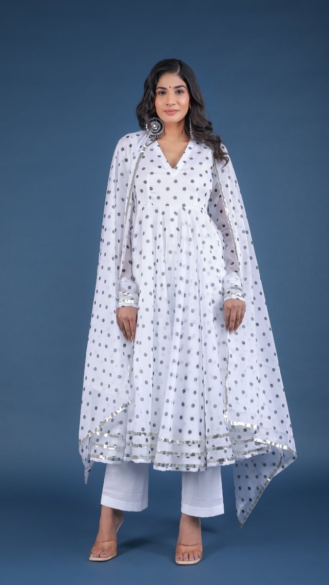 POLKA DOT WHITE ORGANZA ANARKALI SET WITH ORGANZA DUPATTA - Pomcha Jaipur
