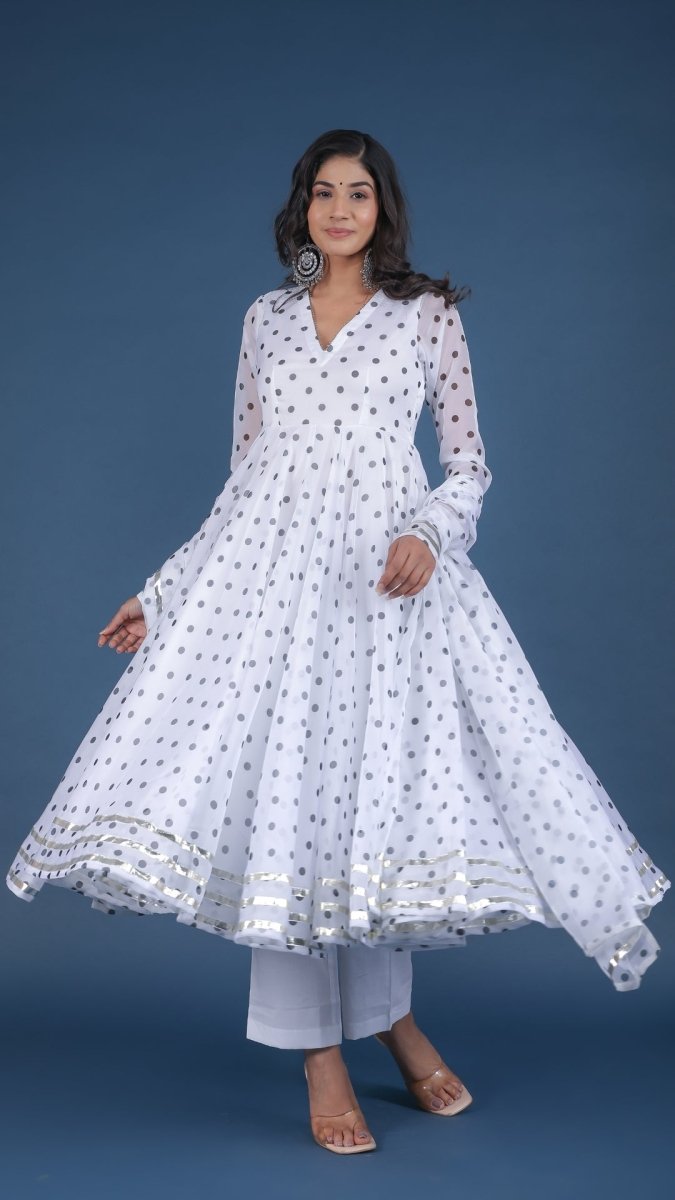 POLKA DOT WHITE ORGANZA ANARKALI SET WITH ORGANZA DUPATTA - Pomcha Jaipur
