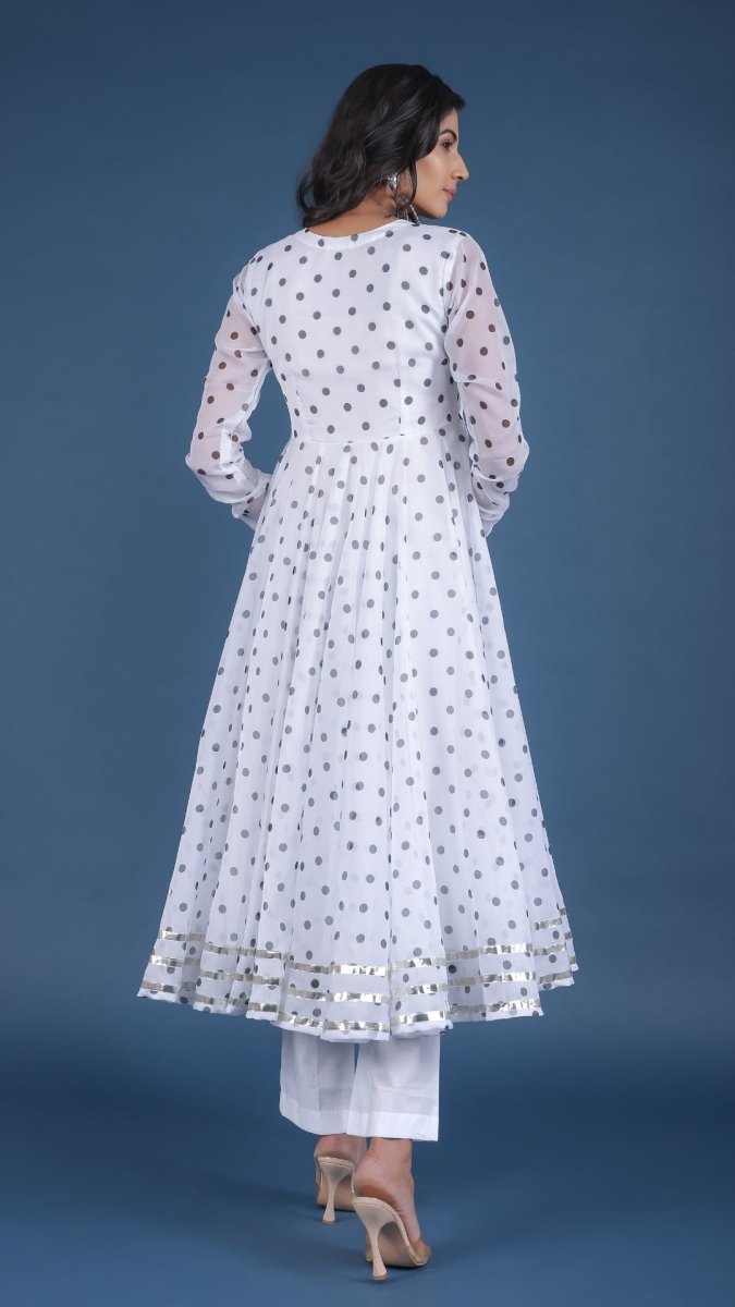 POLKA DOT WHITE ORGANZA ANARKALI SET WITH ORGANZA DUPATTA - Pomcha Jaipur
