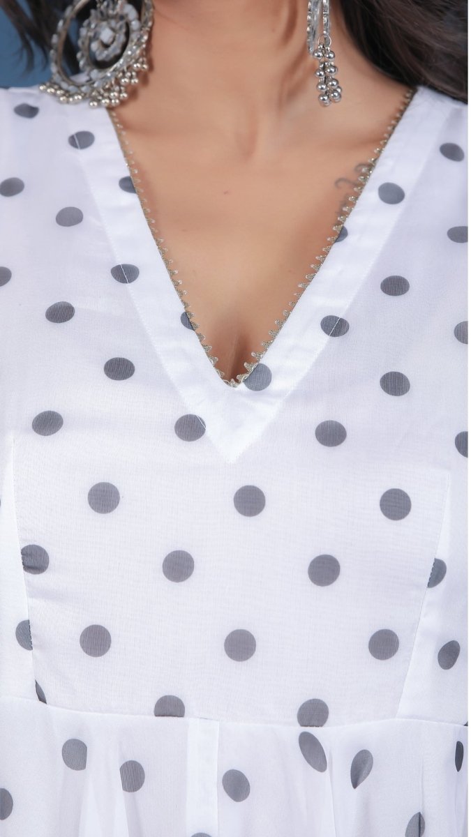 POLKA DOT WHITE ORGANZA ANARKALI SET WITH ORGANZA DUPATTA - Pomcha Jaipur