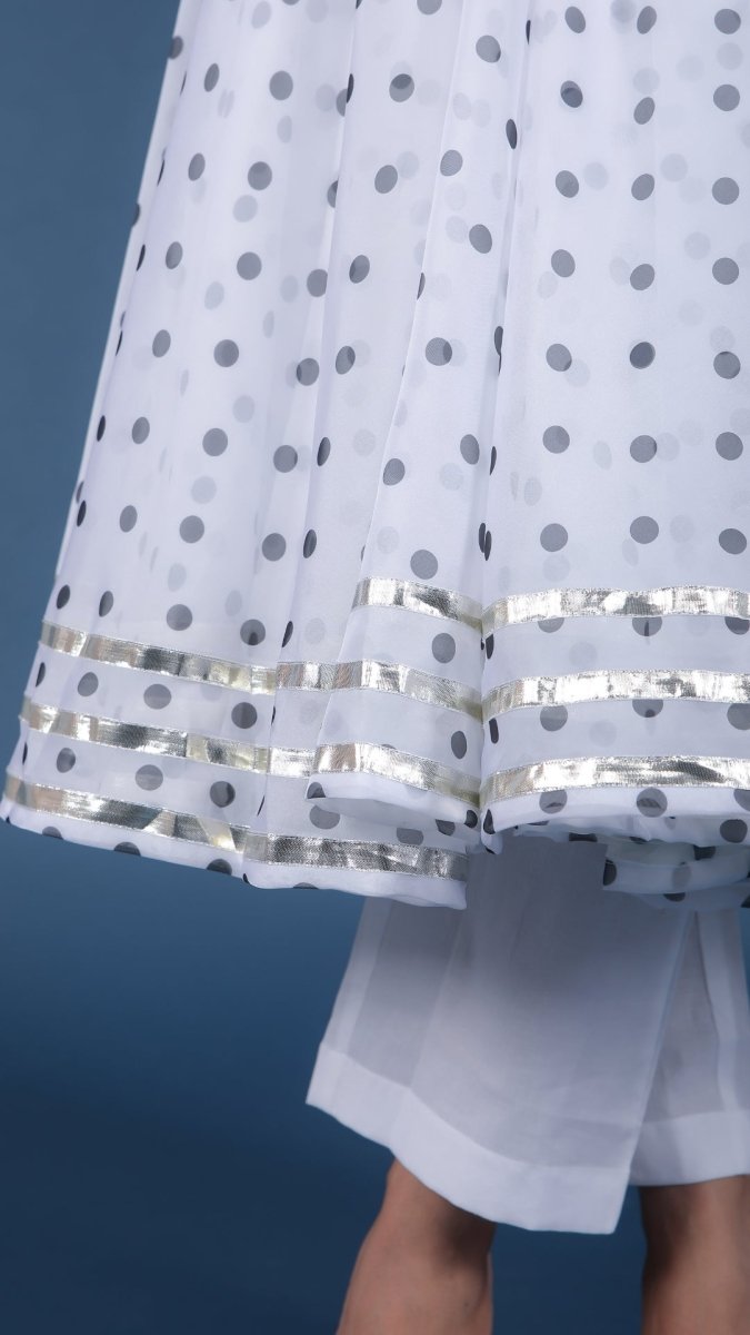 POLKA DOT WHITE ORGANZA ANARKALI SET WITH ORGANZA DUPATTA - Pomcha Jaipur