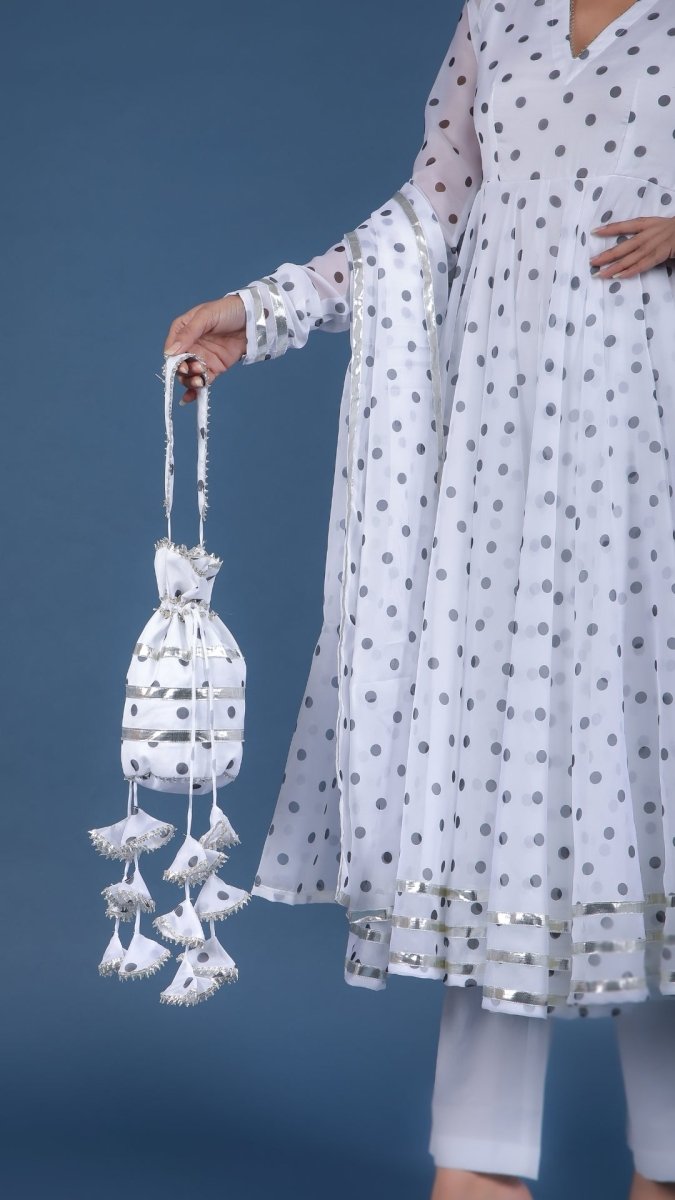 POLKA DOT WHITE ORGANZA ANARKALI SET WITH ORGANZA DUPATTA - Pomcha Jaipur