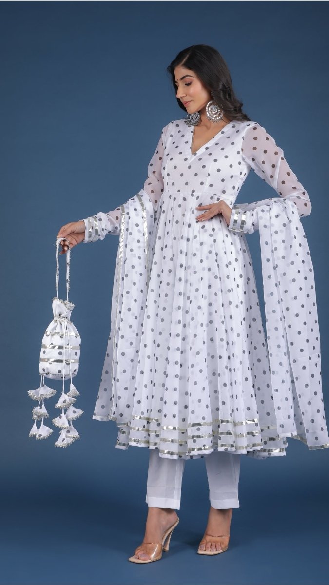 POLKA DOT WHITE ORGANZA ANARKALI SET WITH ORGANZA DUPATTA - Pomcha Jaipur