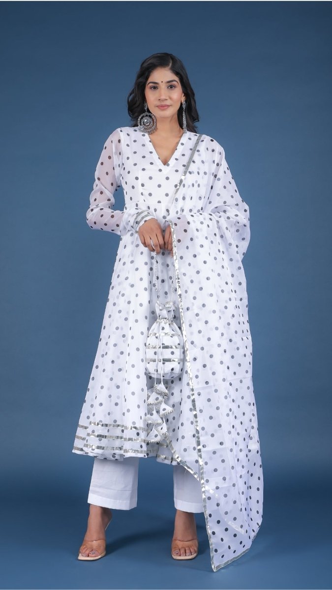 POLKA DOT WHITE ORGANZA ANARKALI SET WITH ORGANZA DUPATTA - Pomcha Jaipur
