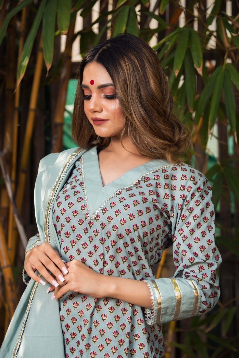 POPPY COTTON HAND BLOCK PRINT KURTA SUIT SET WITH COTTON DUPATTA - Pomcha Jaipur