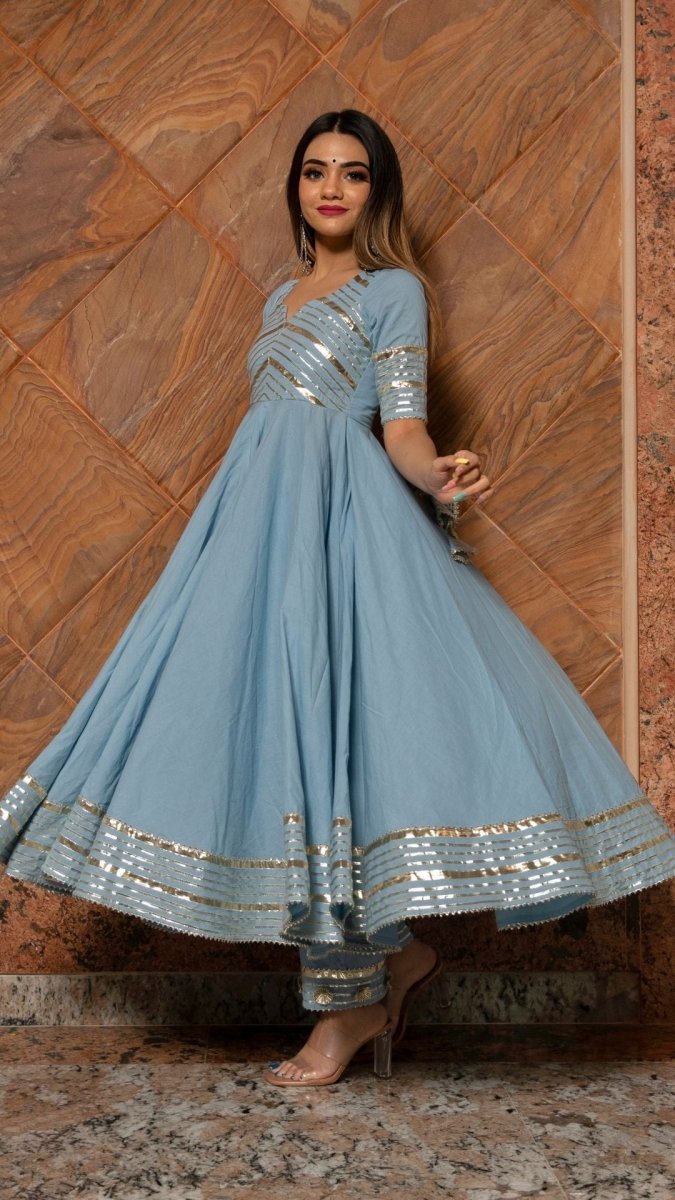 POWDER BLUE PURE COTTON ANARKALI WITH ORGANZA DUPATTA SET - Pomcha Jaipur