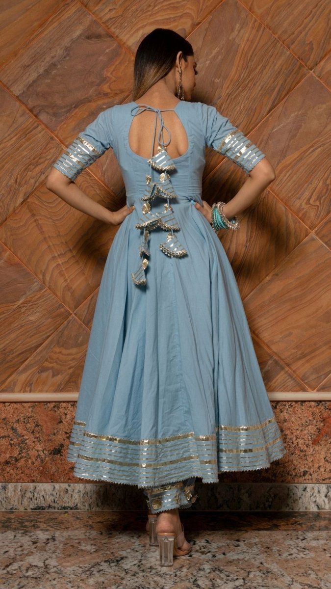 POWDER BLUE PURE COTTON ANARKALI WITH ORGANZA DUPATTA SET - Pomcha Jaipur