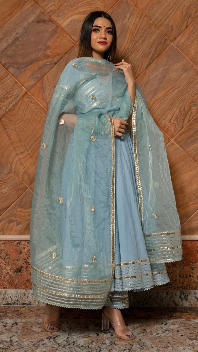 POWDER BLUE PURE COTTON ANARKALI WITH ORGANZA DUPATTA SET - Pomcha Jaipur