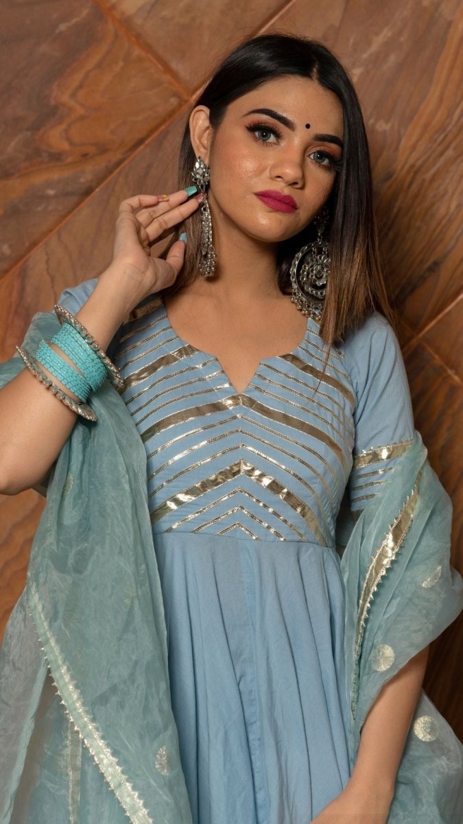 POWDER BLUE PURE COTTON ANARKALI WITH ORGANZA DUPATTA SET - Pomcha Jaipur
