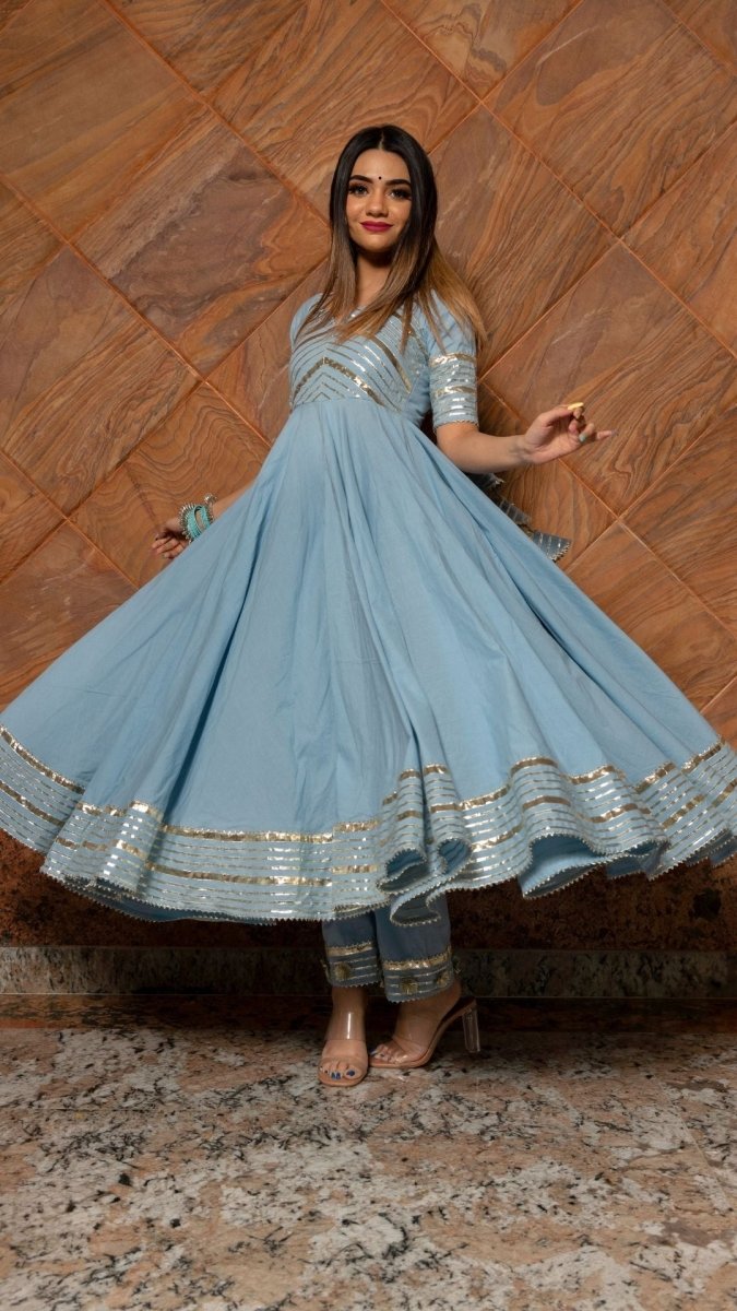 POWDER BLUE PURE COTTON ANARKALI WITH ORGANZA DUPATTA SET - Pomcha Jaipur