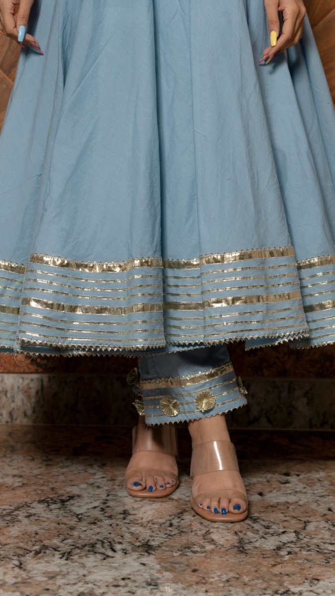 POWDER BLUE PURE COTTON ANARKALI WITH ORGANZA DUPATTA SET - Pomcha Jaipur