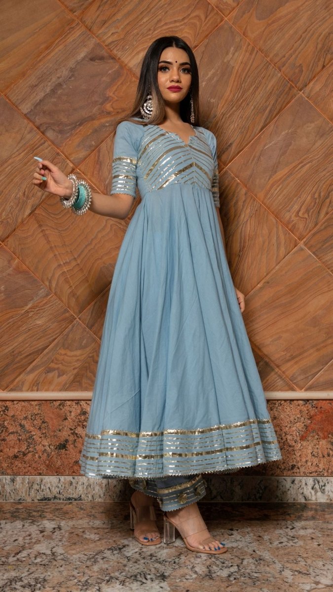 POWDER BLUE PURE COTTON ANARKALI WITH ORGANZA DUPATTA SET - Pomcha Jaipur