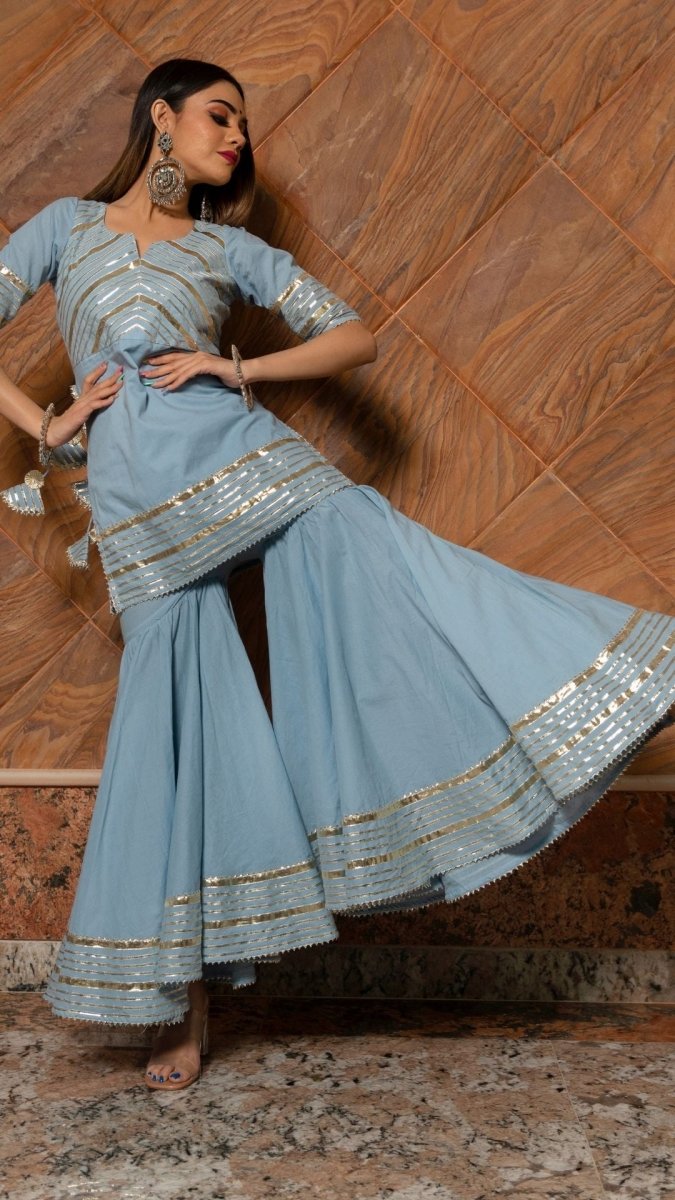 POWDER BLUE PURE COTTON SHARARA SET WITH ORGANZA DUPATTA - Pomcha Jaipur