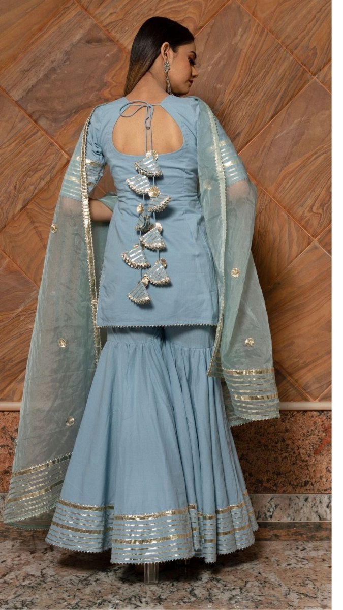 POWDER BLUE PURE COTTON SHARARA SET WITH ORGANZA DUPATTA - Pomcha Jaipur