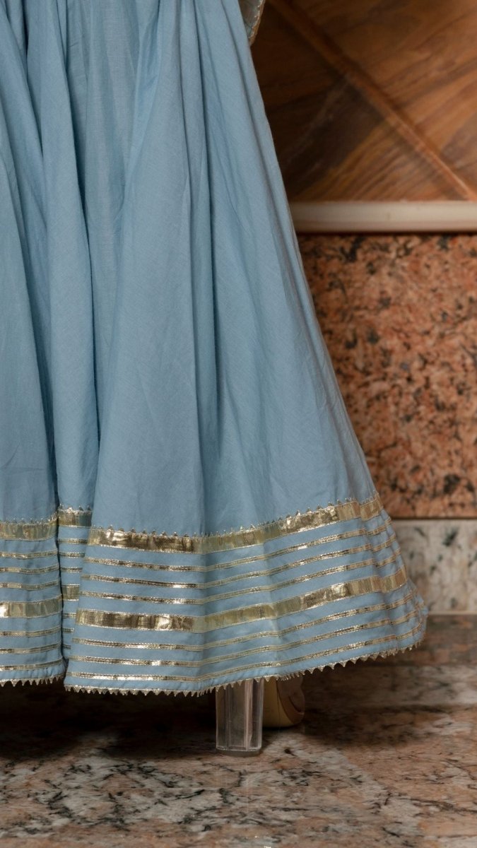 POWDER BLUE PURE COTTON SHARARA SET WITH ORGANZA DUPATTA - Pomcha Jaipur