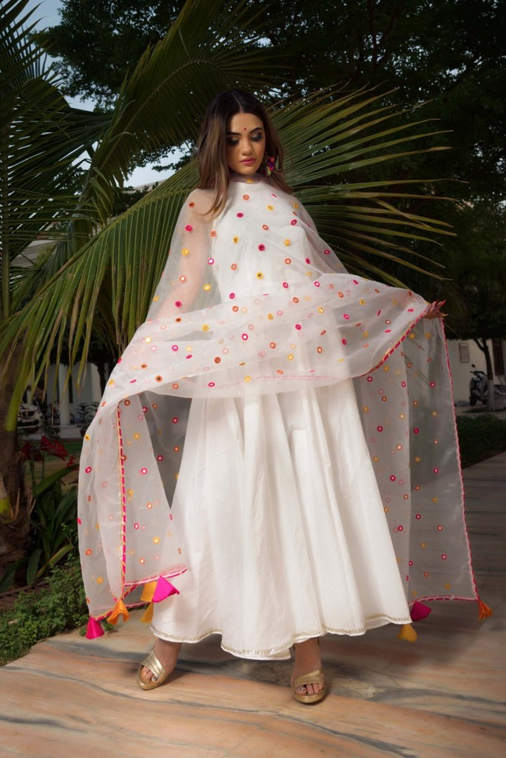 PURE COTTON ANARKALI SET WITH MIRROR WORK ORGANZA DUPATTA - Pomcha Jaipur