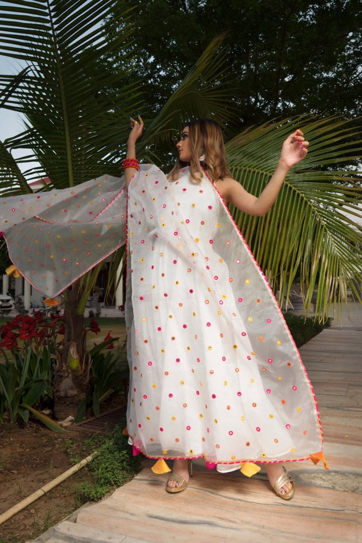 PURE COTTON ANARKALI SET WITH MIRROR WORK ORGANZA DUPATTA - Pomcha Jaipur