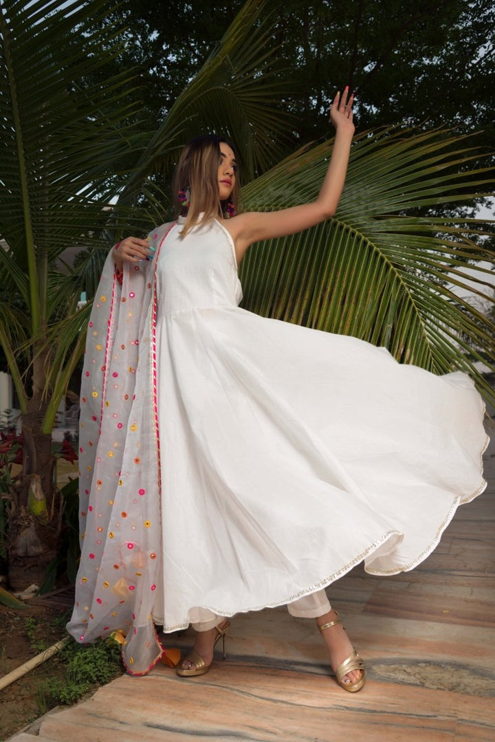 PURE COTTON ANARKALI SET WITH MIRROR WORK ORGANZA DUPATTA - Pomcha Jaipur