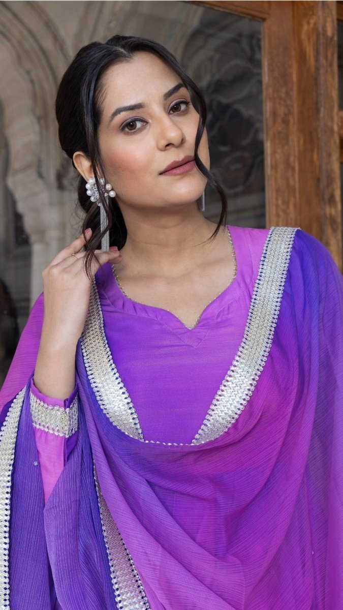 PURPLE OMBRE MUSLIN ANARKALI SET - Pomcha Jaipur