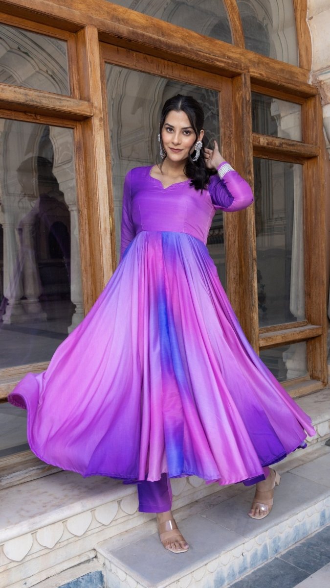 PURPLE OMBRE MUSLIN ANARKALI SET - Pomcha Jaipur