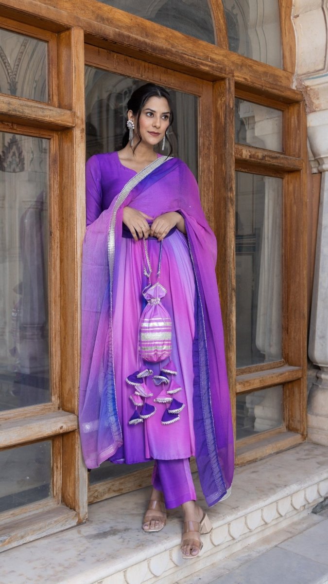 PURPLE OMBRE MUSLIN ANARKALI SET - Pomcha Jaipur
