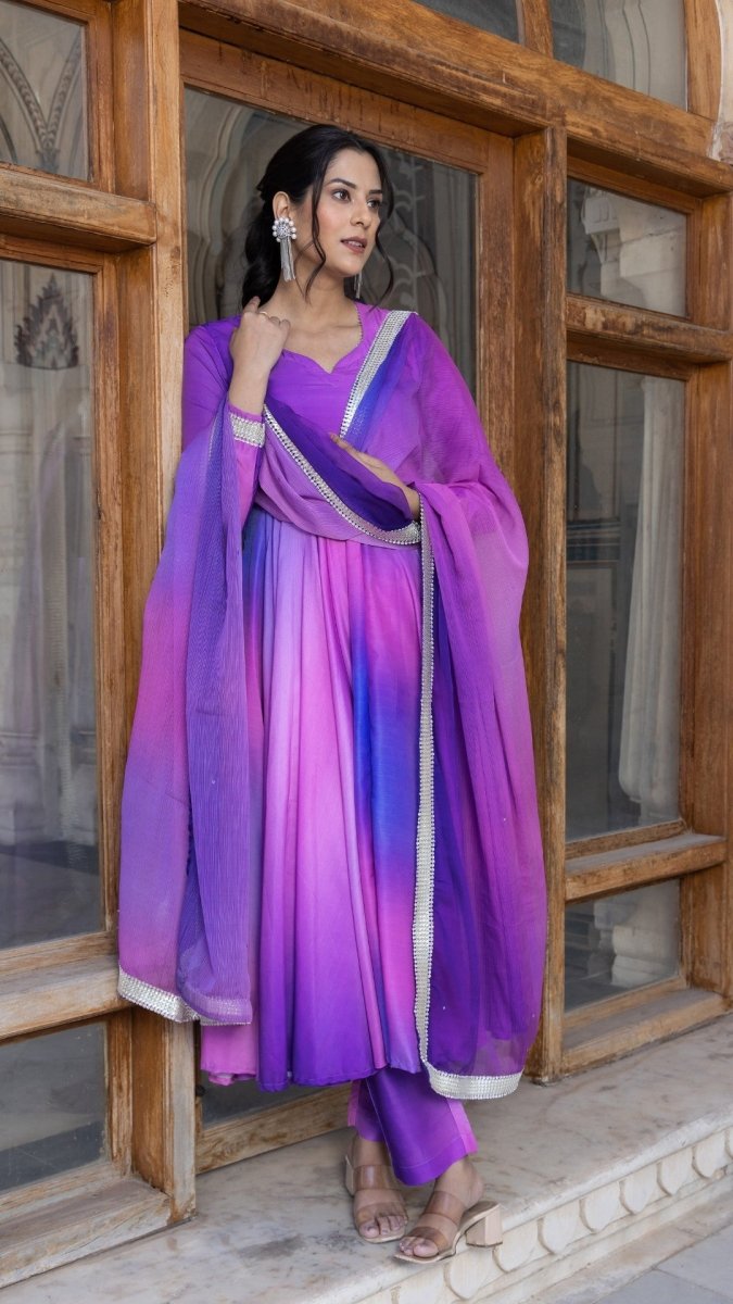 PURPLE OMBRE MUSLIN ANARKALI SET - Pomcha Jaipur