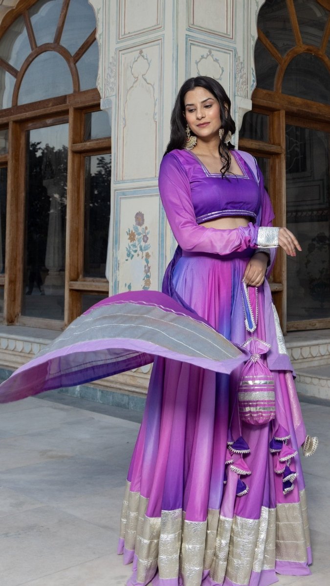PURPLE OMBRE MUSLIN LEHENGA SET - Pomcha Jaipur