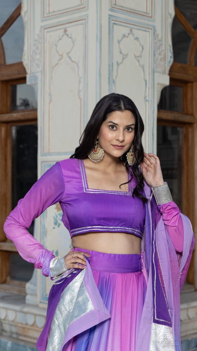 PURPLE OMBRE MUSLIN LEHENGA SET - Pomcha Jaipur