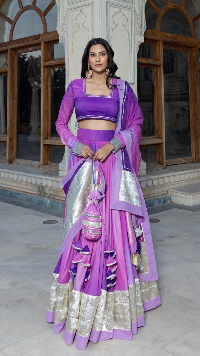 PURPLE OMBRE MUSLIN LEHENGA SET - Pomcha Jaipur