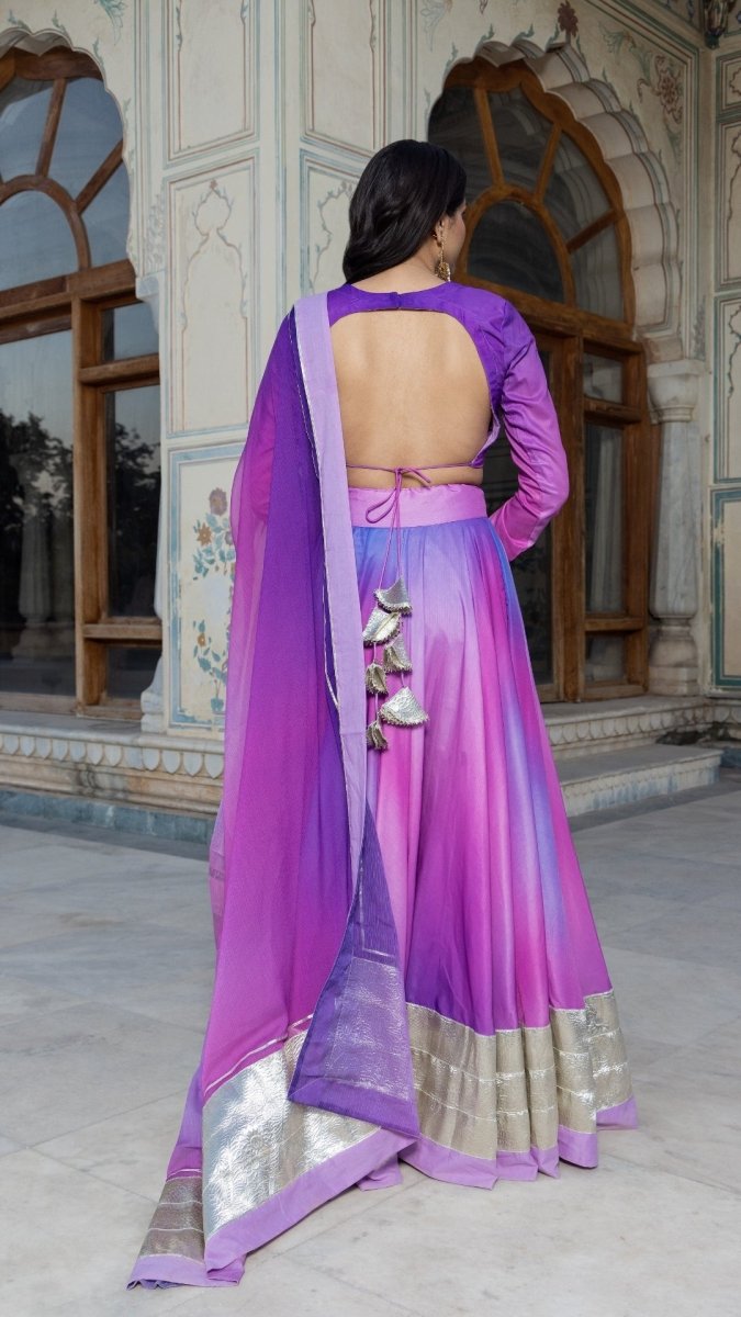 PURPLE OMBRE MUSLIN LEHENGA SET - Pomcha Jaipur