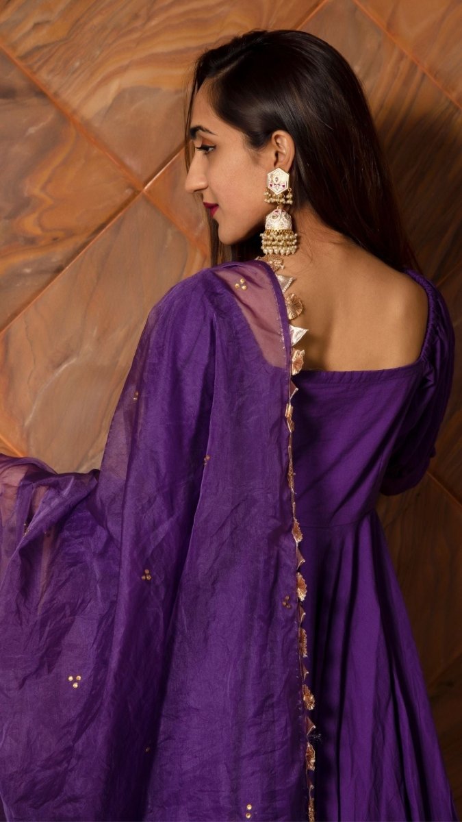 PURPLE PURE COTTON ANARKALI SET WITH ORGANZA DUPATTA - Pomcha Jaipur