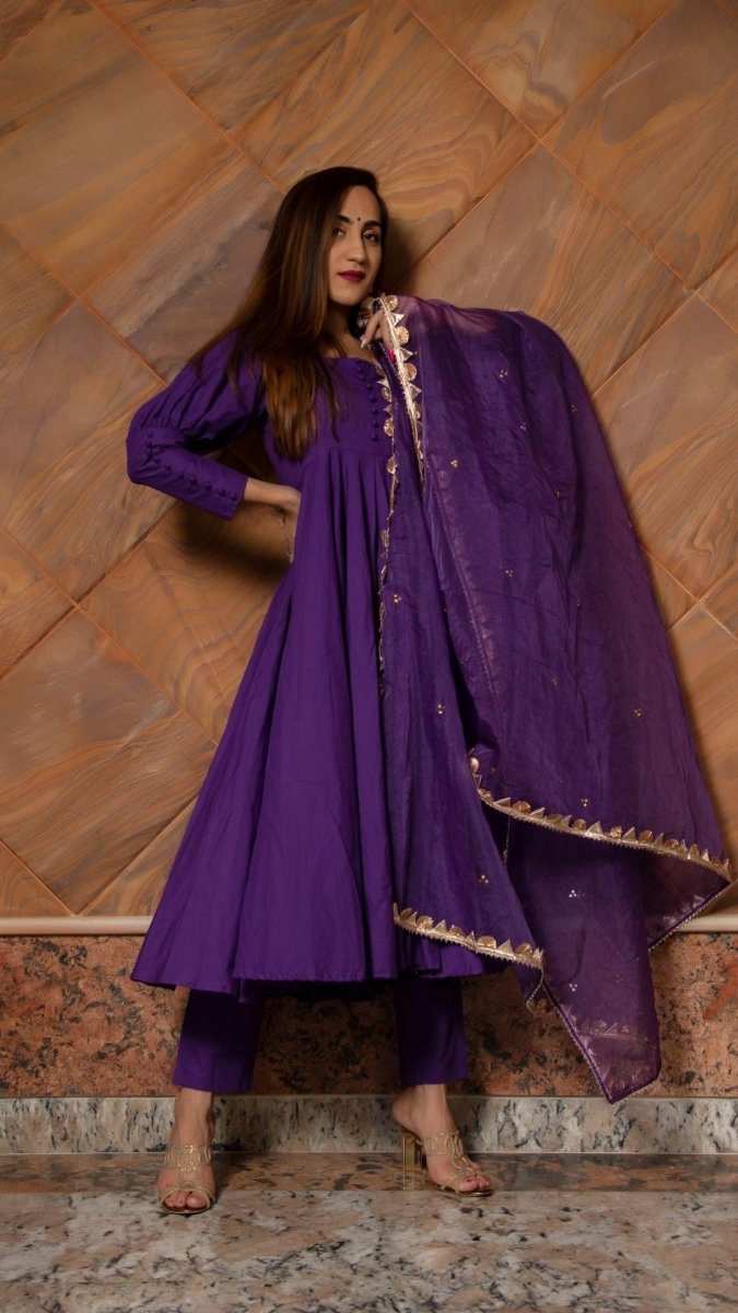PURPLE PURE COTTON ANARKALI SET WITH ORGANZA DUPATTA - Pomcha Jaipur