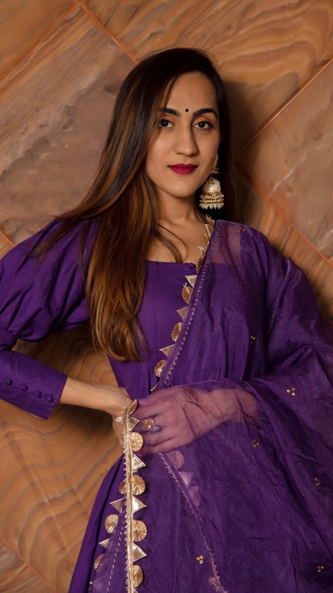 PURPLE PURE COTTON ANARKALI SET WITH ORGANZA DUPATTA - Pomcha Jaipur