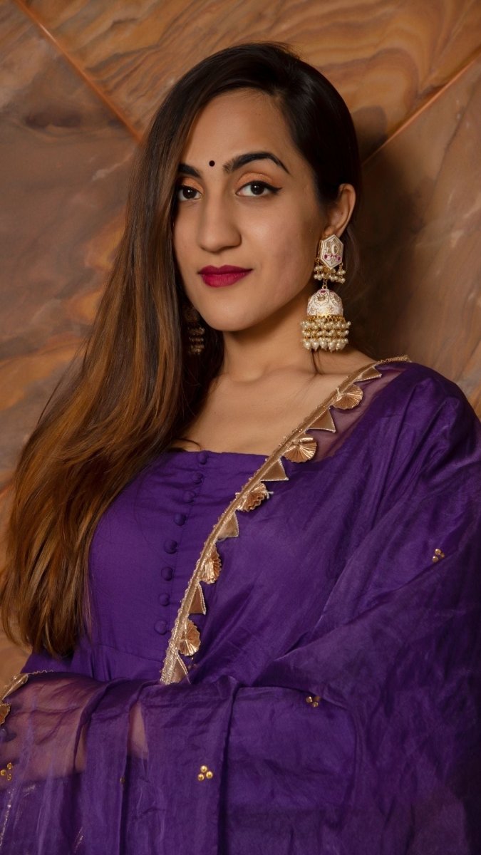 PURPLE PURE COTTON ANARKALI SET WITH ORGANZA DUPATTA - Pomcha Jaipur