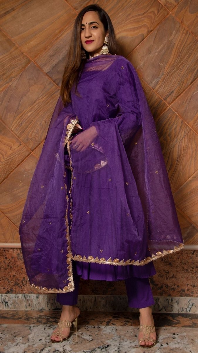PURPLE PURE COTTON ANARKALI SET WITH ORGANZA DUPATTA - Pomcha Jaipur