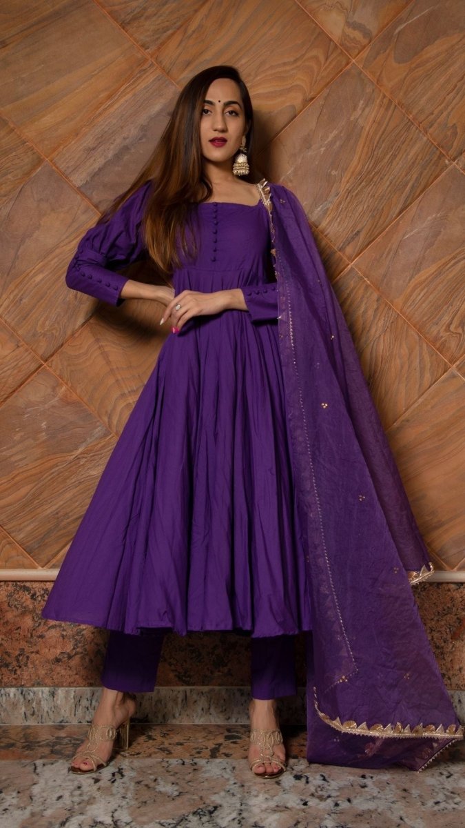 PURPLE PURE COTTON ANARKALI SET WITH ORGANZA DUPATTA - Pomcha Jaipur