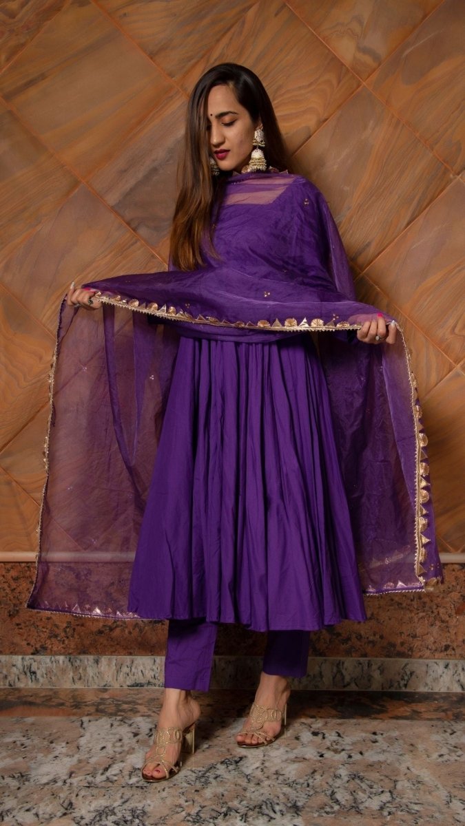 PURPLE PURE COTTON ANARKALI SET WITH ORGANZA DUPATTA - Pomcha Jaipur