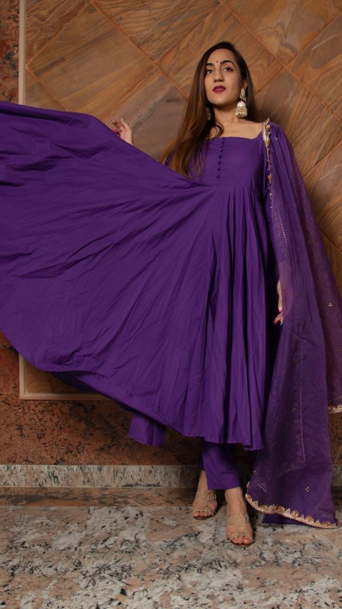 PURPLE PURE COTTON ANARKALI SET WITH ORGANZA DUPATTA - Pomcha Jaipur
