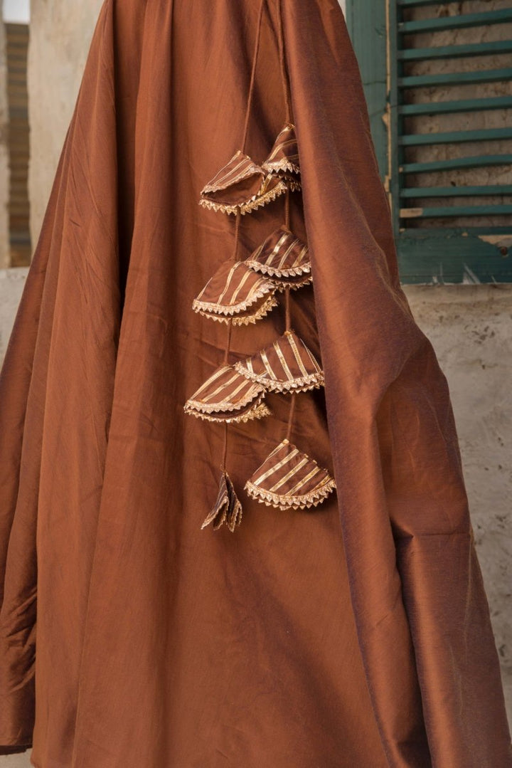 RAAT RANI BROWN COTTON SILK ANGRAKHA WITH ORGANZA DUPATTA SET - Pomcha Jaipur