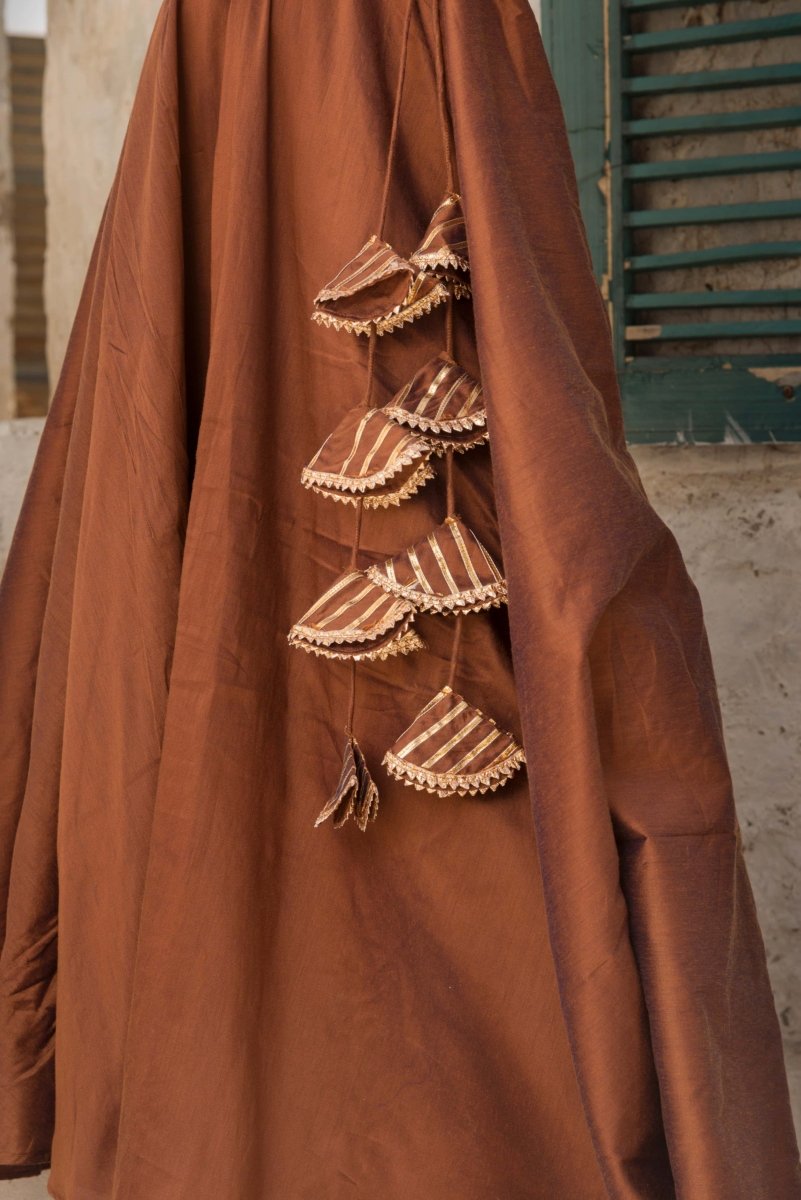 RAAT RANI BROWN COTTON SILK ANGRAKHA WITH ORGANZA DUPATTA SET - Pomcha Jaipur