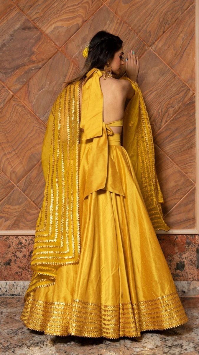 RABIA YELLOW COTTON SILK LEHENGA WITH LACE WORK AND ORGANZA DUPATTA SET - Pomcha Jaipur