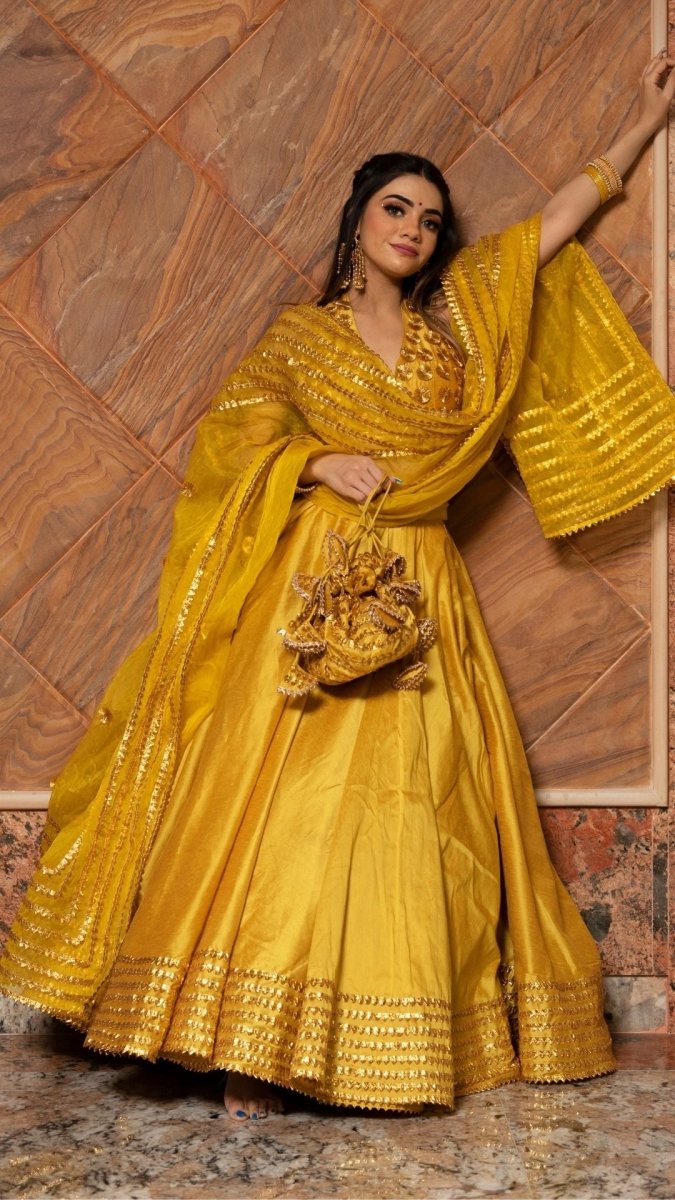 RABIA YELLOW COTTON SILK LEHENGA WITH LACE WORK AND ORGANZA DUPATTA SET - Pomcha Jaipur