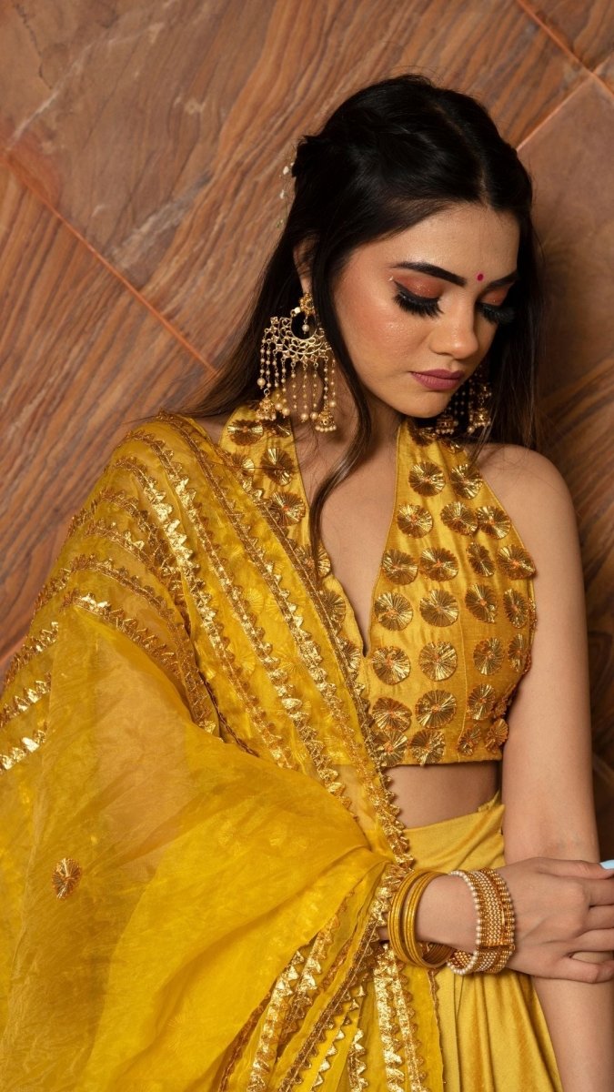 RABIA YELLOW COTTON SILK LEHENGA WITH LACE WORK AND ORGANZA DUPATTA SET - Pomcha Jaipur