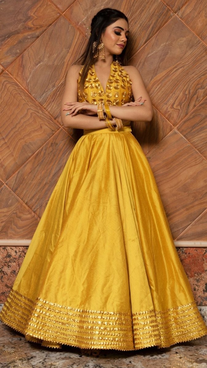 RABIA YELLOW COTTON SILK LEHENGA WITH LACE WORK AND ORGANZA DUPATTA SET - Pomcha Jaipur