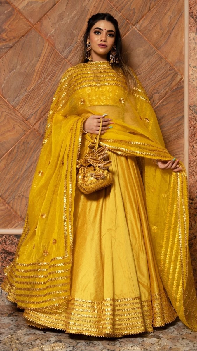 RABIA YELLOW COTTON SILK LEHENGA WITH LACE WORK AND ORGANZA DUPATTA SET - Pomcha Jaipur