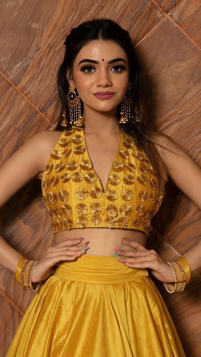 RABIA YELLOW COTTON SILK LEHENGA WITH LACE WORK AND ORGANZA DUPATTA SET - Pomcha Jaipur