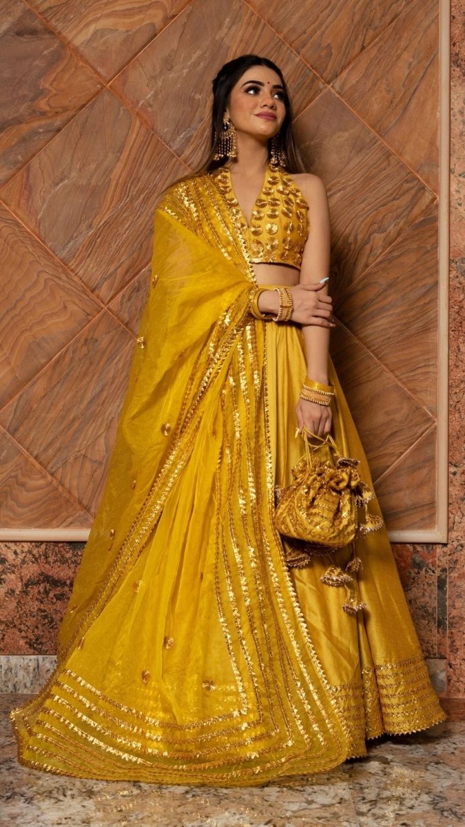 RABIA YELLOW COTTON SILK LEHENGA WITH LACE WORK AND ORGANZA DUPATTA SET - Pomcha Jaipur