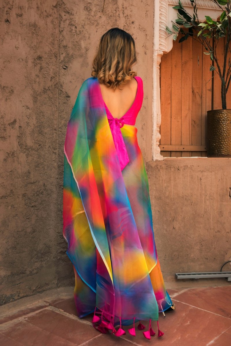 RAINBOW ORGANZA PRINTED SAREE - Pomcha Jaipur