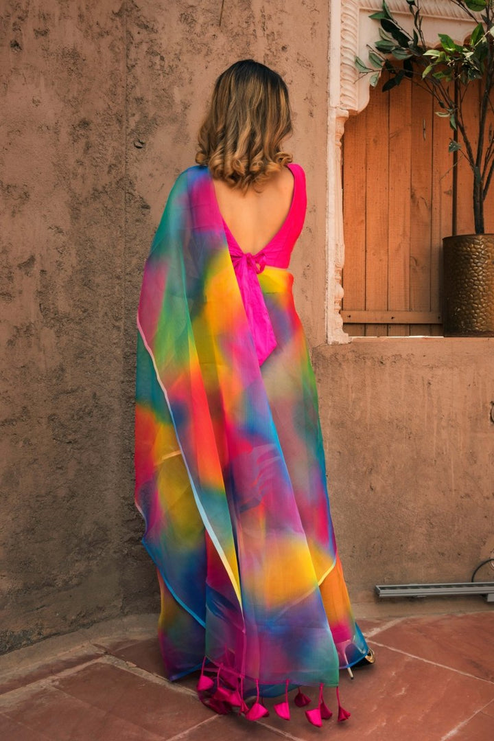 RAINBOW ORGANZA PRINTED SAREE - Pomcha Jaipur