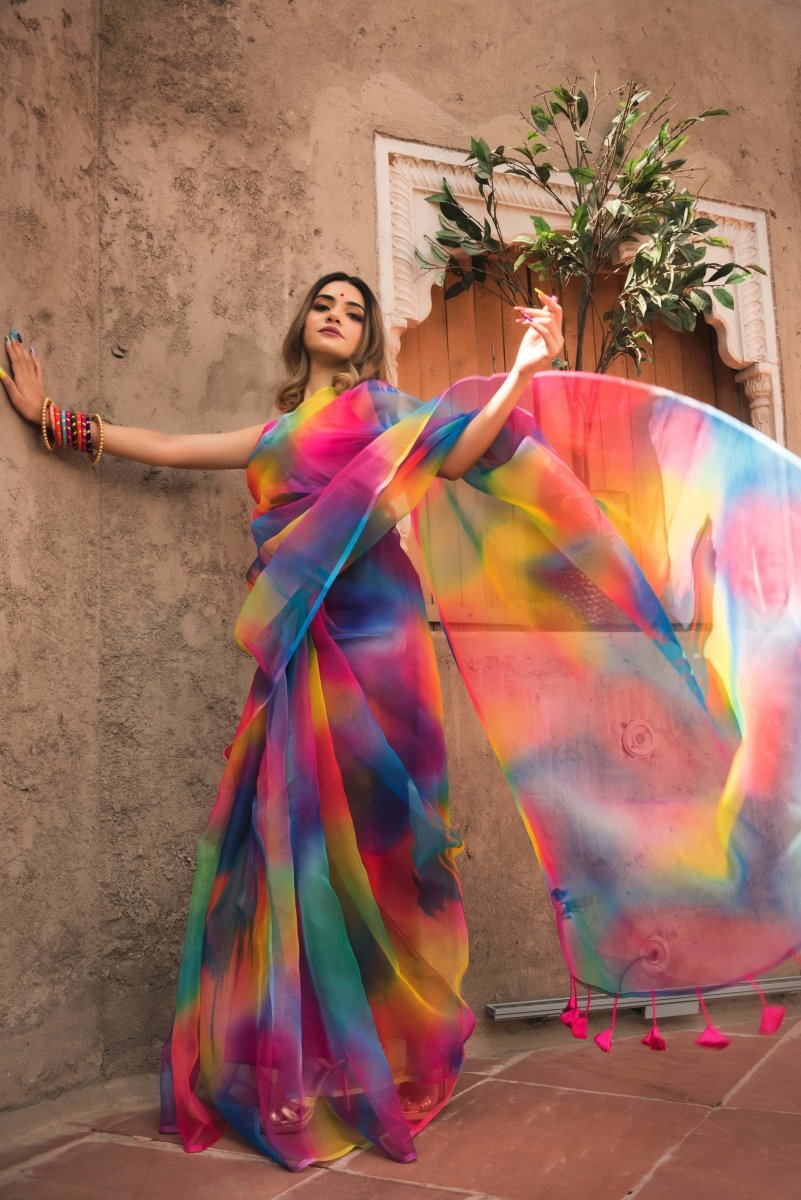 RAINBOW ORGANZA PRINTED SAREE - Pomcha Jaipur